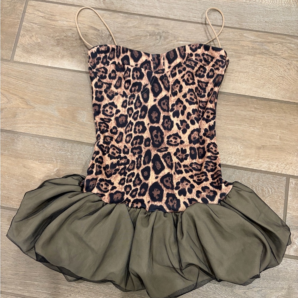 Leopard Print Corset Dress with Olive Tulle Skirt bubble mini dress XXS